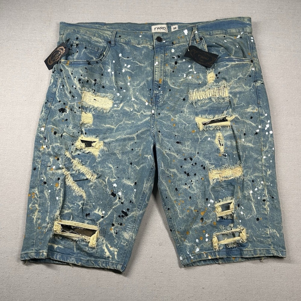 Fwrd Denim Shorts Mens 50 Paint Distressed Baggy Long Oversized 16" Inseam Hip